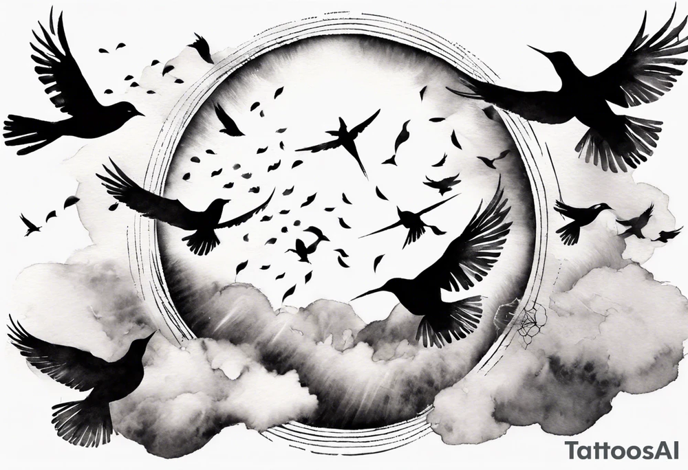 shoulder tattoo with light rays with birds flying free among the clouds, round shape, 3d effect tattoo idea