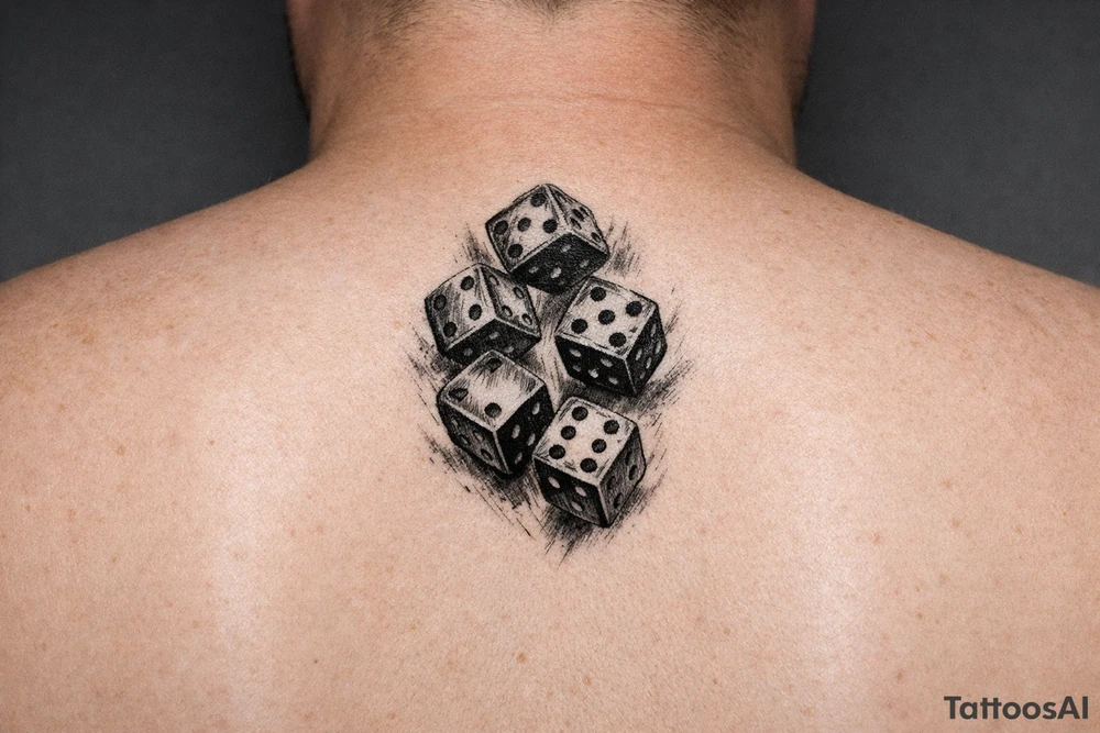 Five colorful dice tumbling mid-air, downward tattoo idea