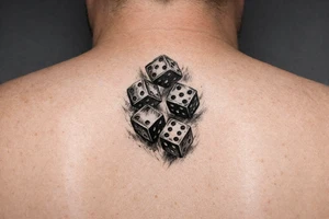 Five colorful dice tumbling mid-air, downward tattoo idea