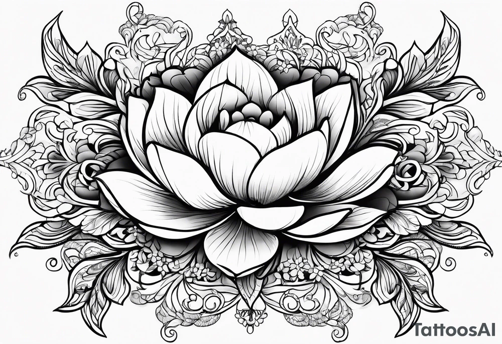Floating lotus upper back with florals and henna to each shoulder tattoo idea