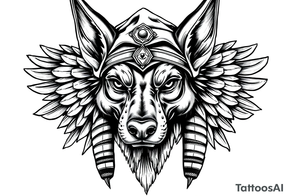 Egyptian Anubis god face muscle in Egypt style  with mantle on head with empty eyes 

dog face surrounded Egyptian symbols based on elements tattoo idea
