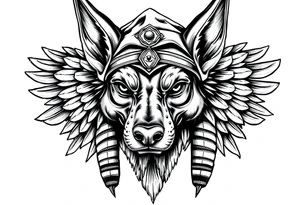Egyptian Anubis god face muscle in Egypt style  with mantle on head with empty eyes 

dog face surrounded Egyptian symbols based on elements tattoo idea