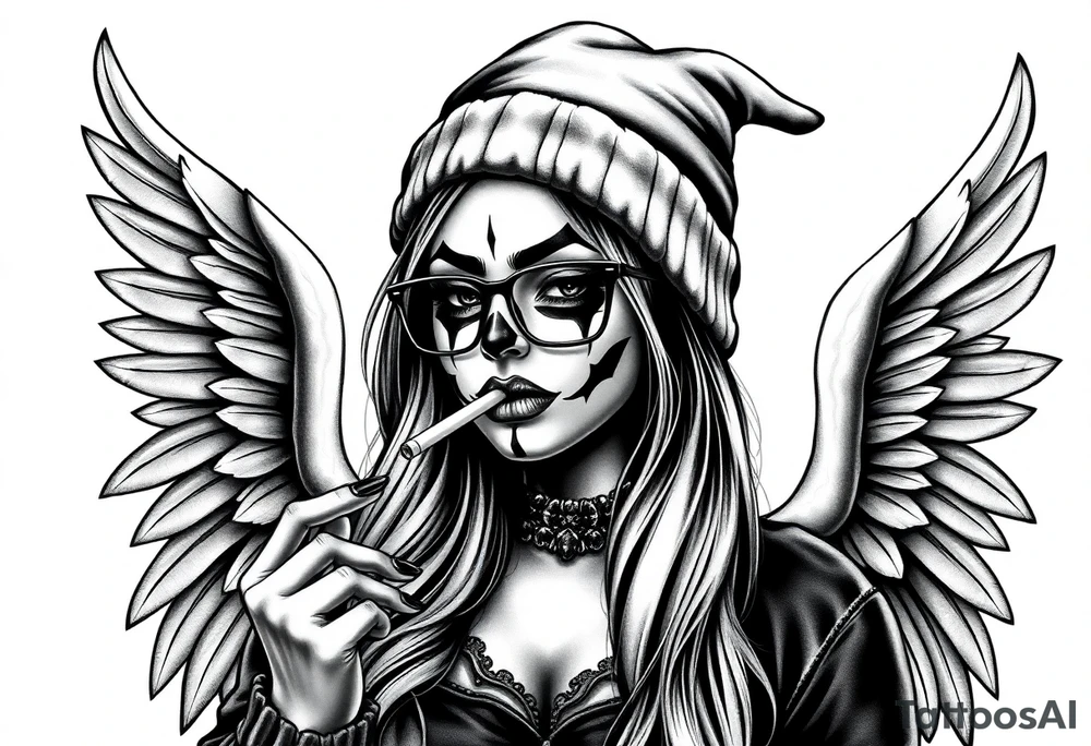 Chicana BBL sexy chunky plus size beautiful long hair clown makeup angel wings thug beanie eyeglasses smoking a cigarette tattoo idea