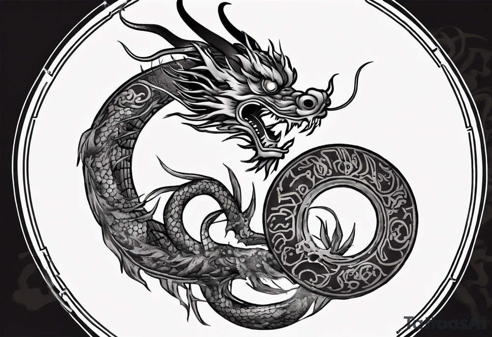 Chinese dragon in a circular shape with "02.03" written on its skin tattoo idea
