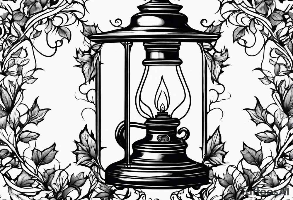 Oil lamp surrounded by leafy vines tattoo idea