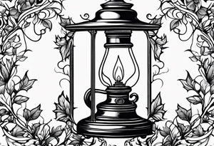 Oil lamp surrounded by leafy vines tattoo idea