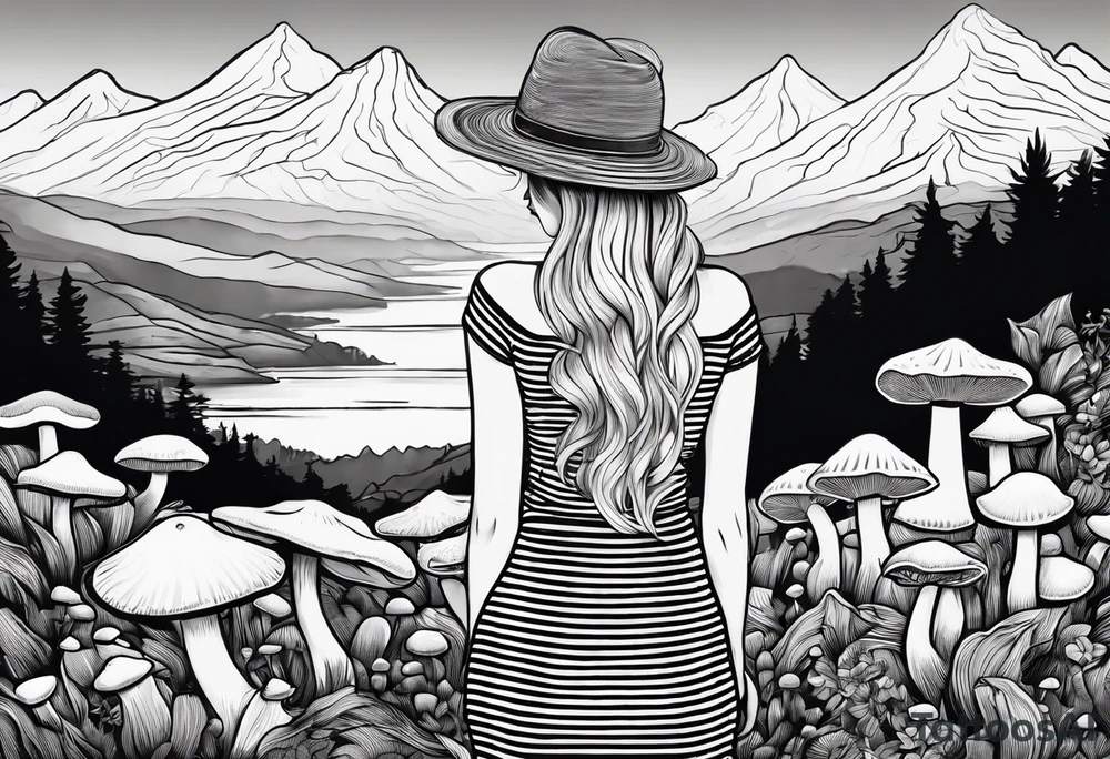 Straight blonde hair girl holding oyster mushrooms in hand facing away toward mountains surrounded by mushrooms black and white striped dress tattoo idea