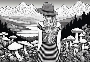 Straight blonde hair girl holding oyster mushrooms in hand facing away toward mountains surrounded by mushrooms black and white striped dress tattoo idea