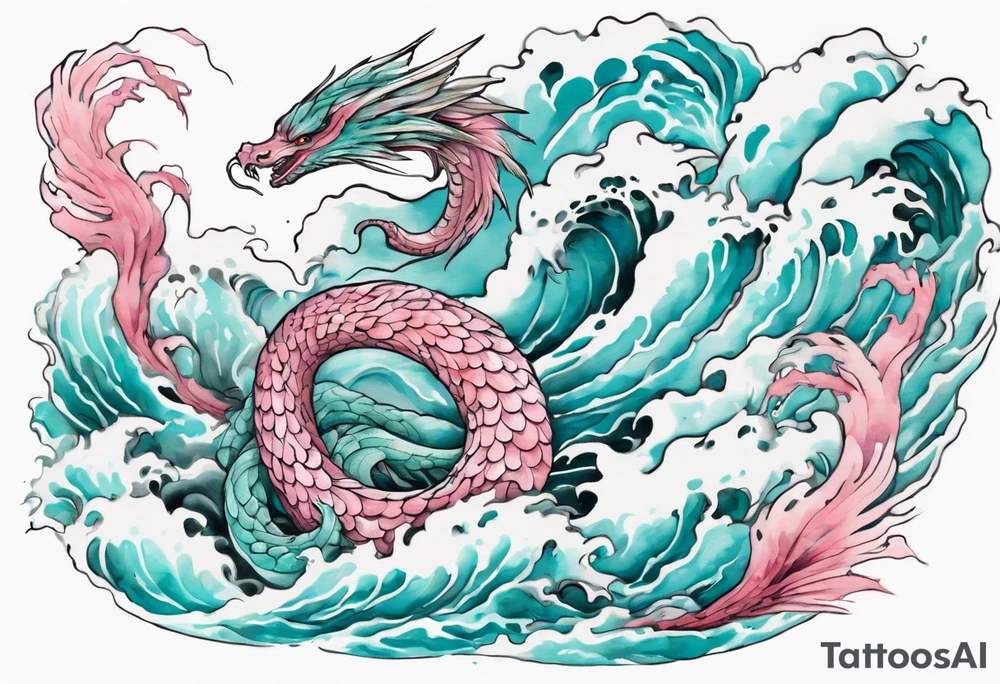 a turquoise and white and pink feathered sea serpent emerging from the stormy sea, kind and beautiful tattoo idea
