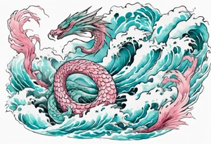 a turquoise and white and pink feathered sea serpent emerging from the stormy sea, kind and beautiful tattoo idea