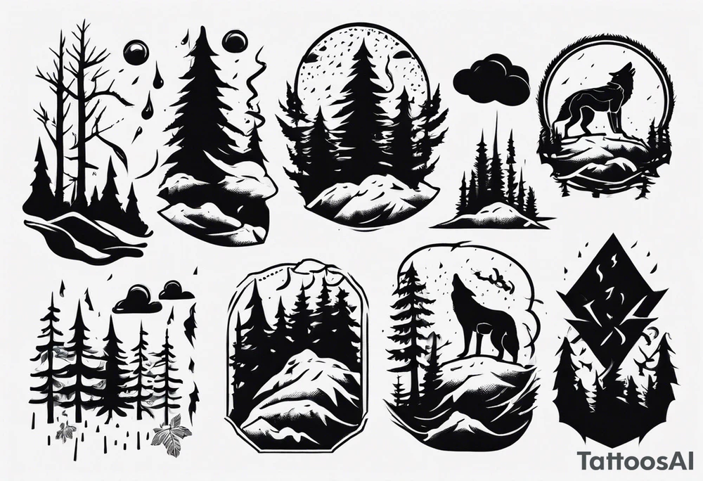 thunderstorm over a forest with a wolf howling on drums tattoo idea thunderstorm over a forest with a wolf howling on drums tattoo idea
