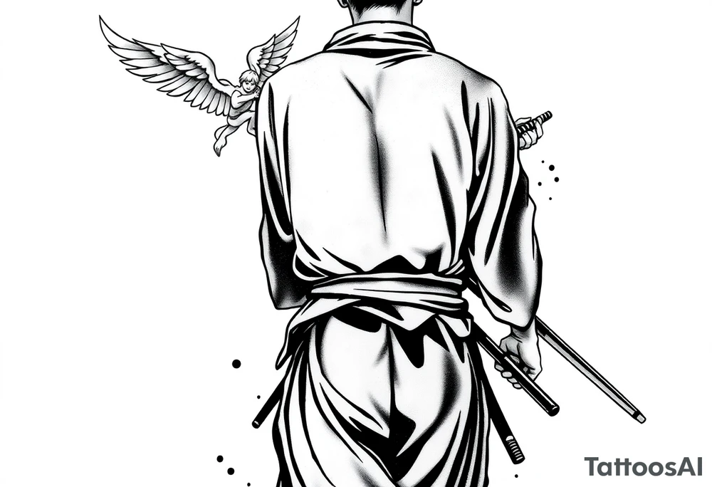 A blackwork tattoo depicting a samurai walking forward from behind. The samurai is dressed in a traditional kimono and hakama, holding two long katanas in a relaxed yet combat-ready stance. A small angel with detailed feathered wings is pushing him from behind. Strong contrast, dynamic ink splashes, sumi-e brushstrokes, a minimalist white background, dramatic lighting, an emotional and symbolic composition, and highly detailed linework. tattoo idea