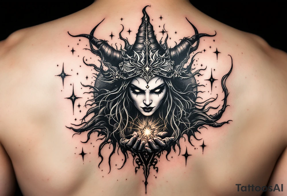 powerful wicca witch surrounded  with magic tattoo idea