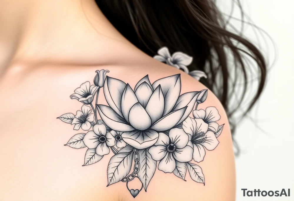 Lotus surrounded by Lilly of the valley, iris, and morning glory flowers. A heart chain and chain link weaved through whole tattoo tattoo idea