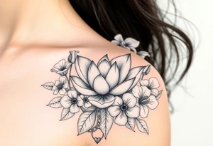 Lotus surrounded by Lilly of the valley, iris, and morning glory flowers. A heart chain and chain link weaved through whole tattoo tattoo idea