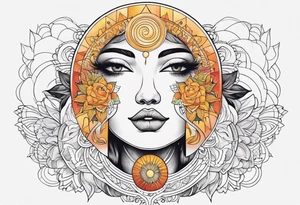 single face 
half of the face is a woman representing the sun, and the second half is a man representing the moon. The sun has a lake, and the moon has a dessert nose are the same tattoo idea