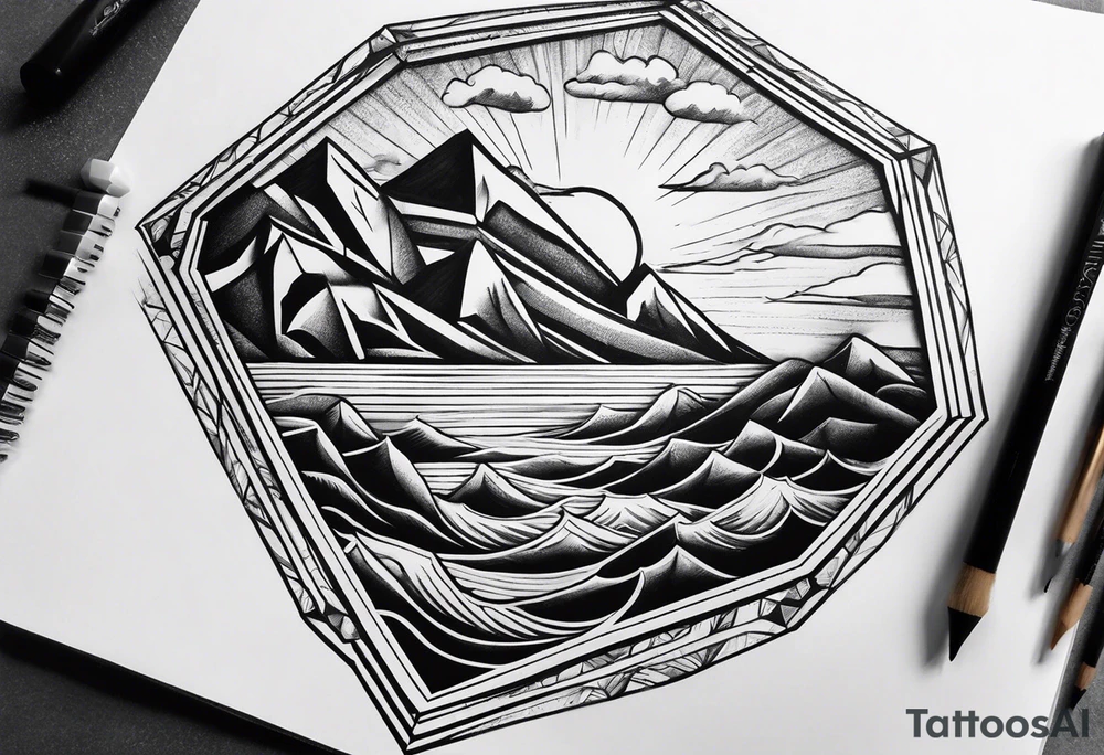 Mountains and big ocean waves  crashing diamond shape tattoo idea