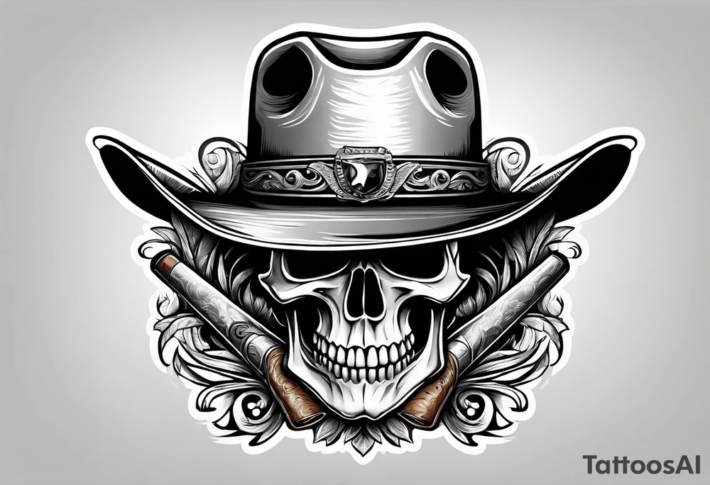 Skull wearing a cowboy hat smoking a cigar tattoo idea