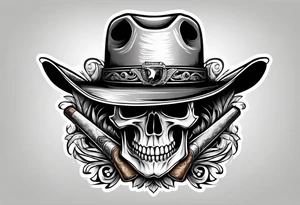 Skull wearing a cowboy hat smoking a cigar tattoo idea