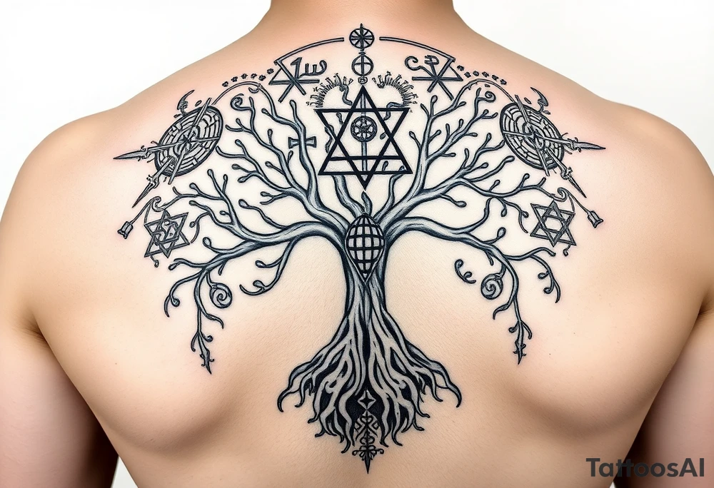 geometrical mystical tree of life with the star of David and cross cosmic roots and celestial runes and branches with HIV-positive symbol tattoo idea