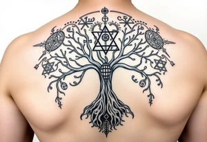 geometrical mystical tree of life with the star of David and cross cosmic roots and celestial runes and branches with HIV-positive symbol tattoo idea