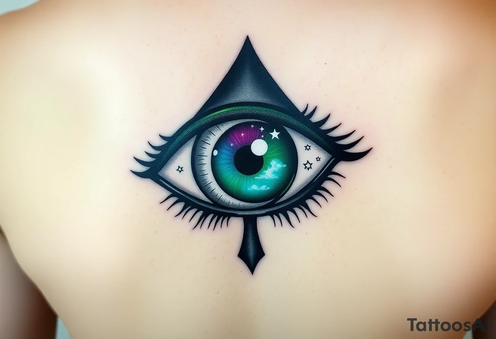 Large almond shaped outline of an eye with an eyeball in the shape of an ace of spades long black eyelashes eyecolored greenish blue vivid colors like green blue purple with a crescent moon stars and clouds inside of the eyeball tattoo idea
