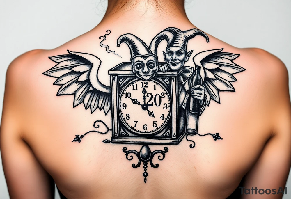 jack in the box
the box as a clock with the time 420
two open wings besides the clock
smoke as the spring rising from the clock
a jester clown coming out the smoke
smoking in one hand with a liquor bottle on the other hand tattoo idea