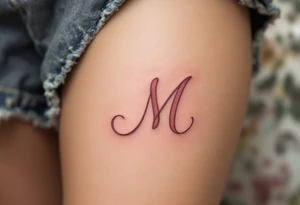 A ribbon-shaped "M" in soft blush pink, wrapping around the skin gently. tattoo idea