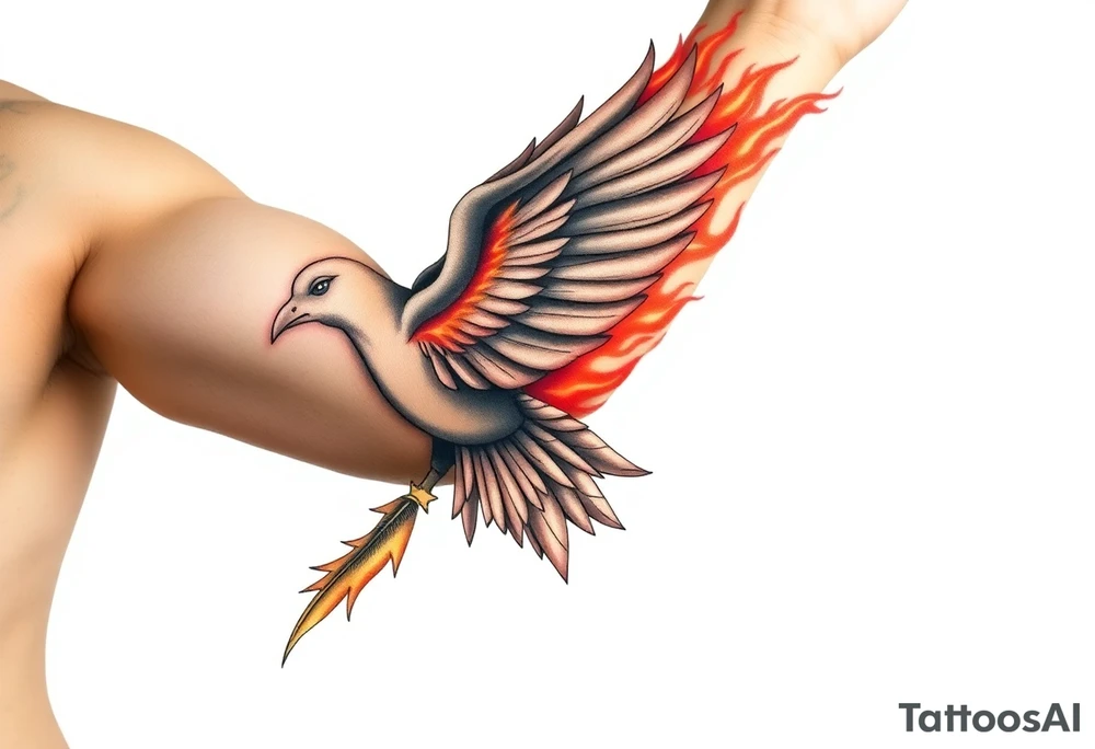 dove of fire with the names of Jesus and the Holy Spirit in English tattoo idea