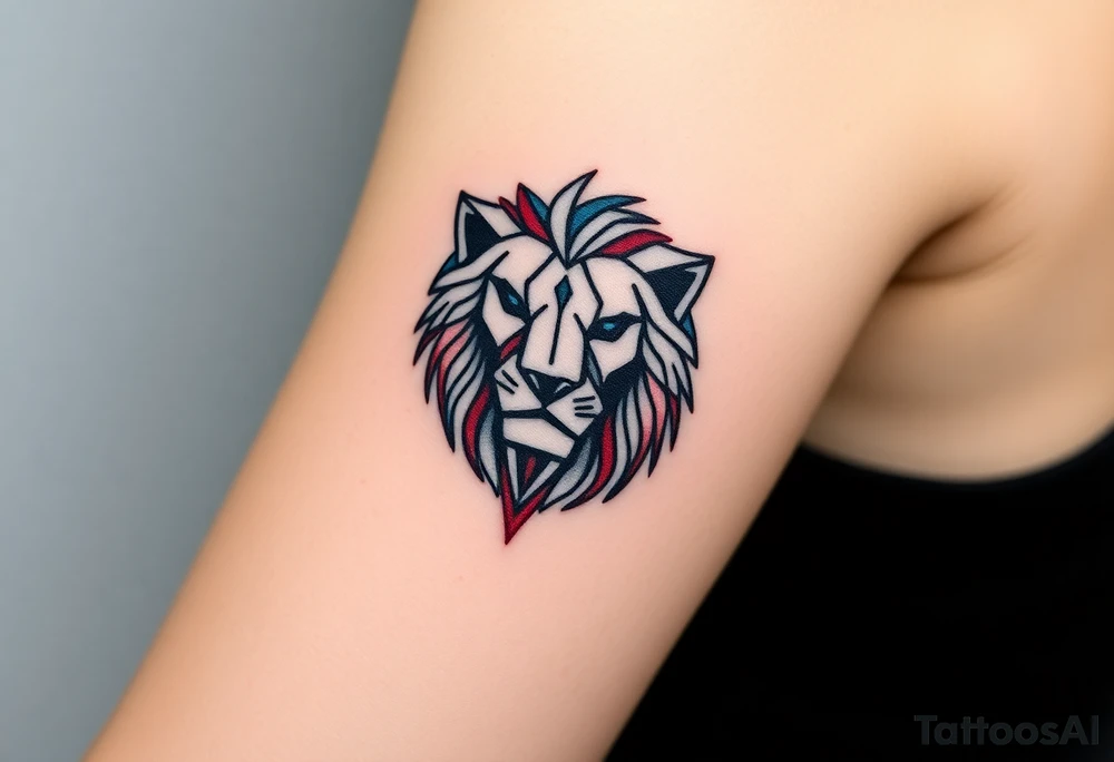 A geometric Czech lion head, designed with sharp, modern lines and accented with red, white, and blue. tattoo idea