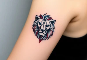 A geometric Czech lion head, designed with sharp, modern lines and accented with red, white, and blue. tattoo idea