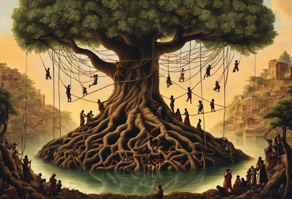 utopia picture of a tree at one level where above the surface is a group of people living in prosperity surrounding a tree. Below the surface the roots of the tree go down and turn into ropes and people are climbing these ropes to try and reach the above the surface. below the people climbing the ropes is hell, wih depicting of war slavery and death. going back to the top, above the tree is a perfection or heaven / nirvana. . include alchemical and occult symbols to depict this journey to enlightenment like religious or astrolligcal symblol. make it a full body tattoo stencil where the top of the tree would be at the chest and the ropes at the legs. tattoo idea