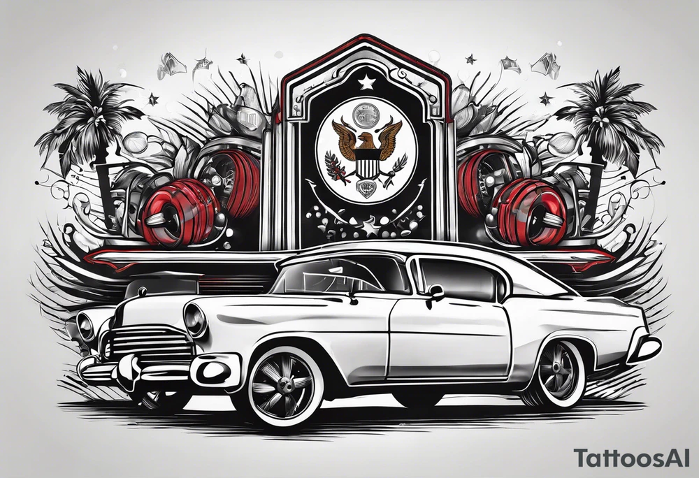 Bowling theme with car parts and LaValley family crest tattoo idea