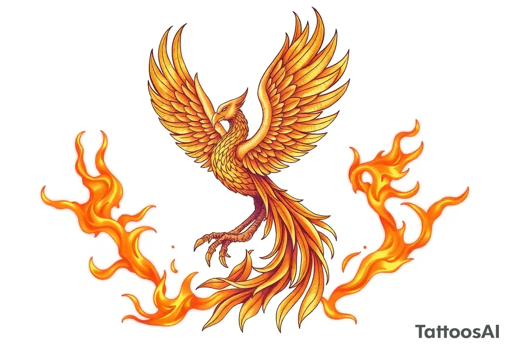magnificent phoenix rising from golden flames with trailing embers tattoo idea