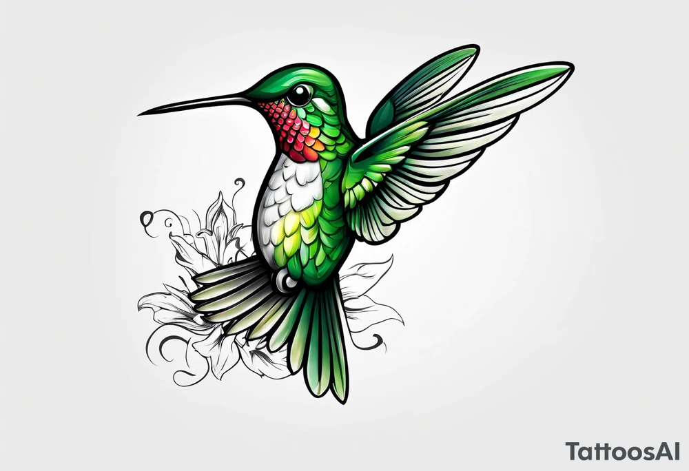 green hummingbird very small in flight ready to drink tattoo idea