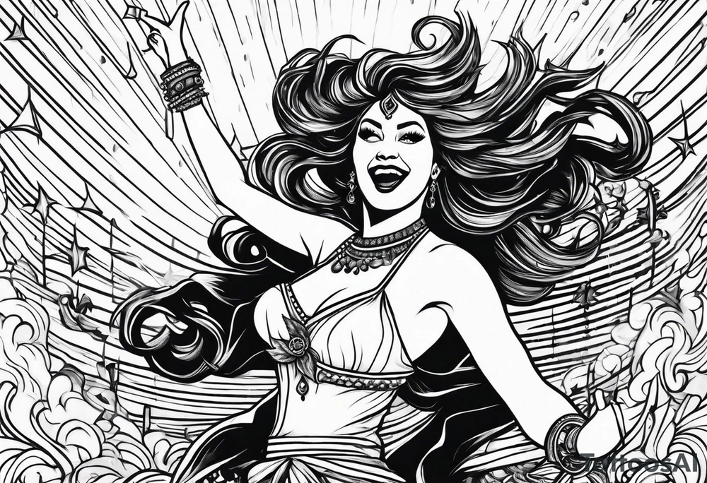 Silly. odd woman ugly dancing pointing her fingers up in the sky. non-realistic. tattoo idea