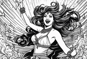 Silly. odd woman ugly dancing pointing her fingers up in the sky. non-realistic. tattoo idea