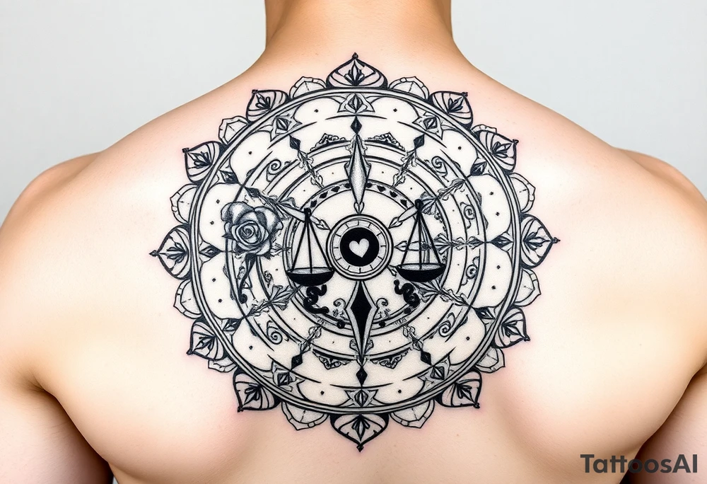 1. The Story Mandala
	•	A circular mandala design spreading across the shoulder.
	•	Each ring or quadrant holds a symbol of you:
	•	Geisha (Japan + your back tattoo tie-in).
	•	Rose (favorite flower, vibration/energy).
	•	Scales with a heart + key (finance, love, duality).
	•	World map silhouette (travel and global perspective). tattoo idea