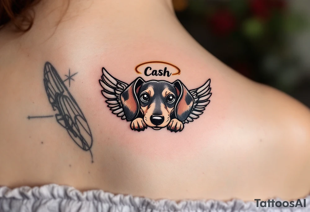 Dachshund ears between wings with a halo above and the name Cash tattoo idea
