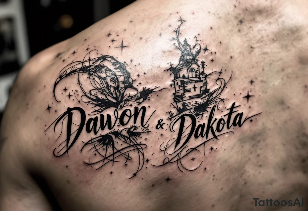 Dawson and Dakota names built into a sleeve tattoo idea