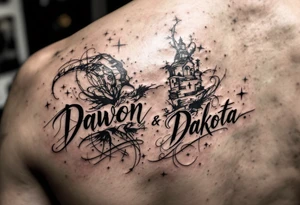Dawson and Dakota names built into a sleeve tattoo idea