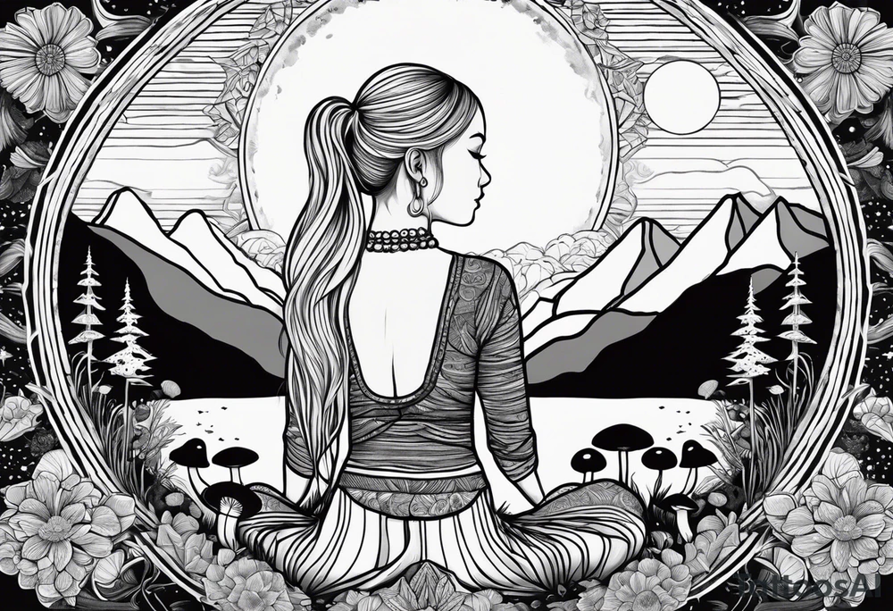 Straight blonde hair girl meditating facing away toward mountains surrounded by mushrooms crescent moon mandala circular design black and white striped dress tattoo idea