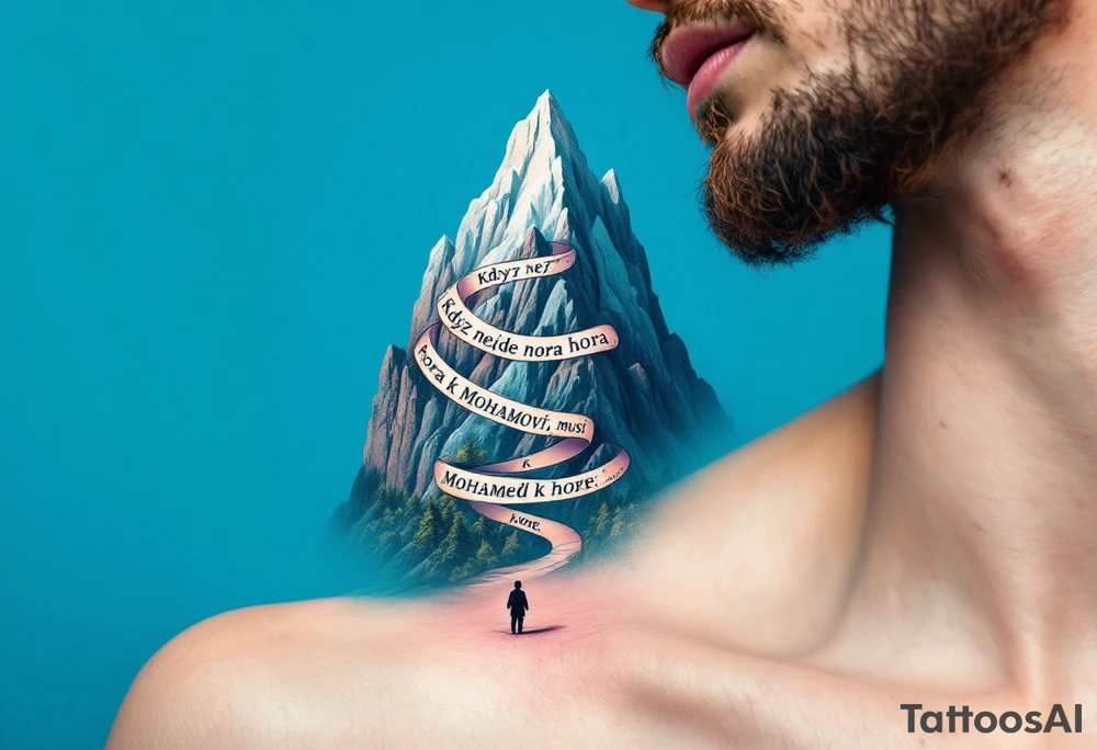 "Kdyz nejde hora k Mohamedovi, musi Mohamed k hore." — A small figure walking toward a majestic gray mountain under a blue sky, with the quote winding around the peak. tattoo idea