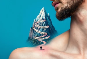 "Kdyz nejde hora k Mohamedovi, musi Mohamed k hore." — A small figure walking toward a majestic gray mountain under a blue sky, with the quote winding around the peak. tattoo idea
