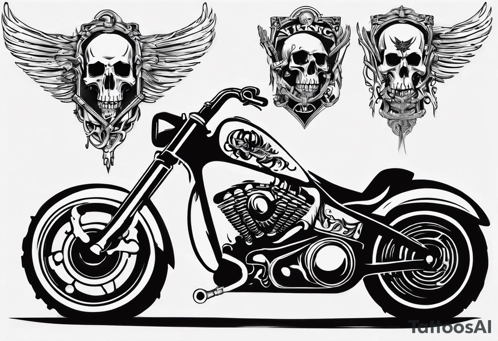 I want a tattoo of a motorcycle and a skeleton in the back with the name “Viking Customs” incorporated in the design tattoo idea