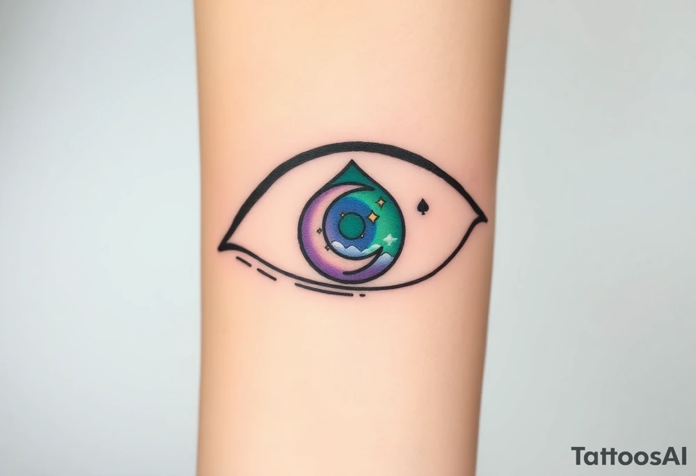 Large outline of an almond shaped eye with an ace of spades for the eyeball colored greenish blue with a crescent moon stars and clouds inside vivid colors blue green purple tattoo idea