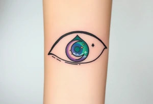 Large outline of an almond shaped eye with an ace of spades for the eyeball colored greenish blue with a crescent moon stars and clouds inside vivid colors blue green purple tattoo idea
