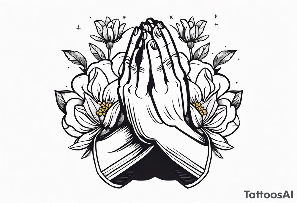 hands praying with flowers simple bold tradional old school style tattoo idea