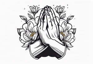 hands praying with flowers simple bold tradional old school style tattoo idea