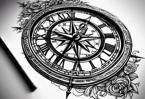 draw me a tattoo with an old clock and a compass rose. shadows of roman numerals are in the background. it is a tattoo located on the left shoulder of a man. it is black and white. tattoo idea